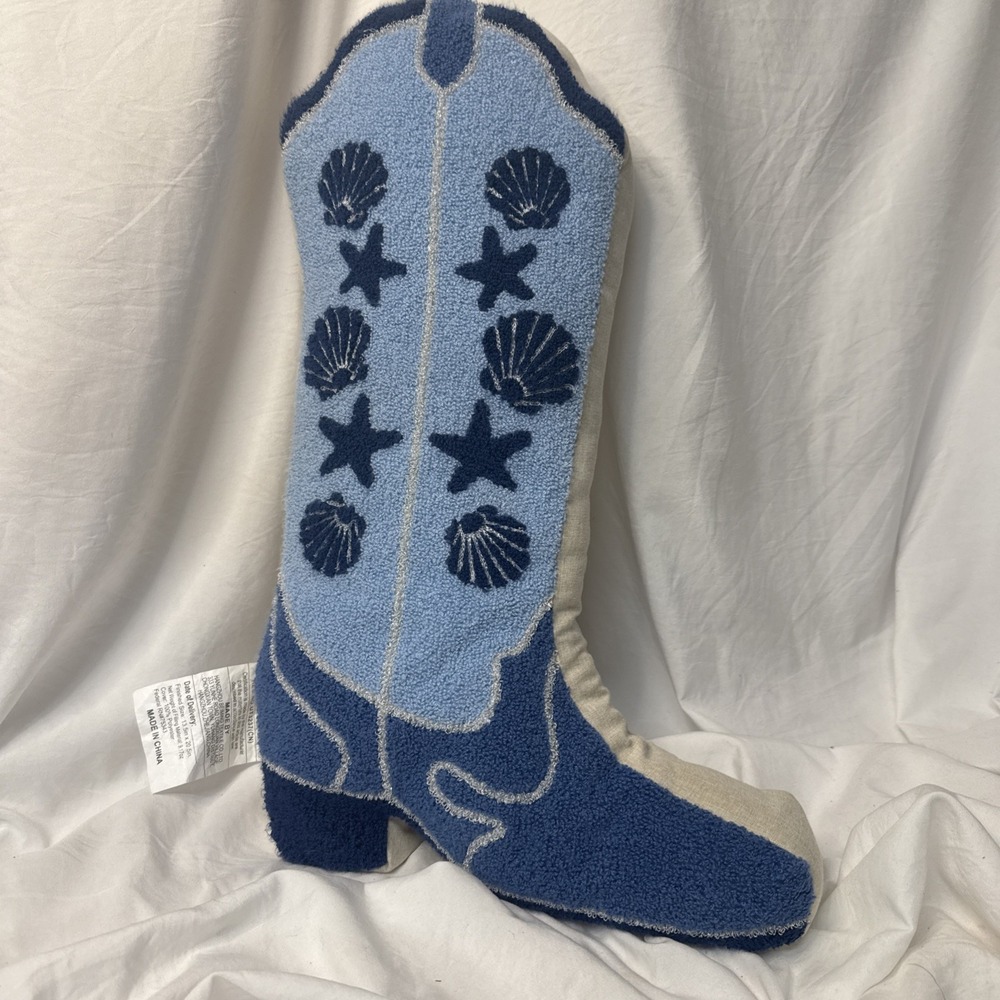 Isaac Mizrahi Blue Silver Cowboy Boot Nautical Shell Beachy Pillow Accent Coast